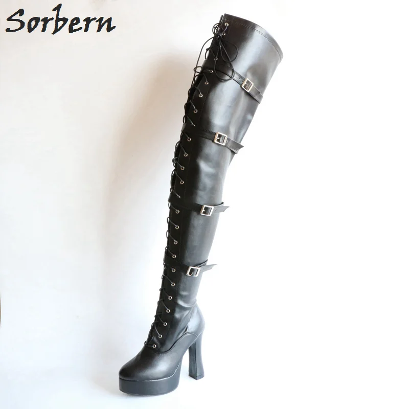 Женские высокие сапоги до бедра Sorbern на платформе 12 см со шнуровкой в стиле Goth
