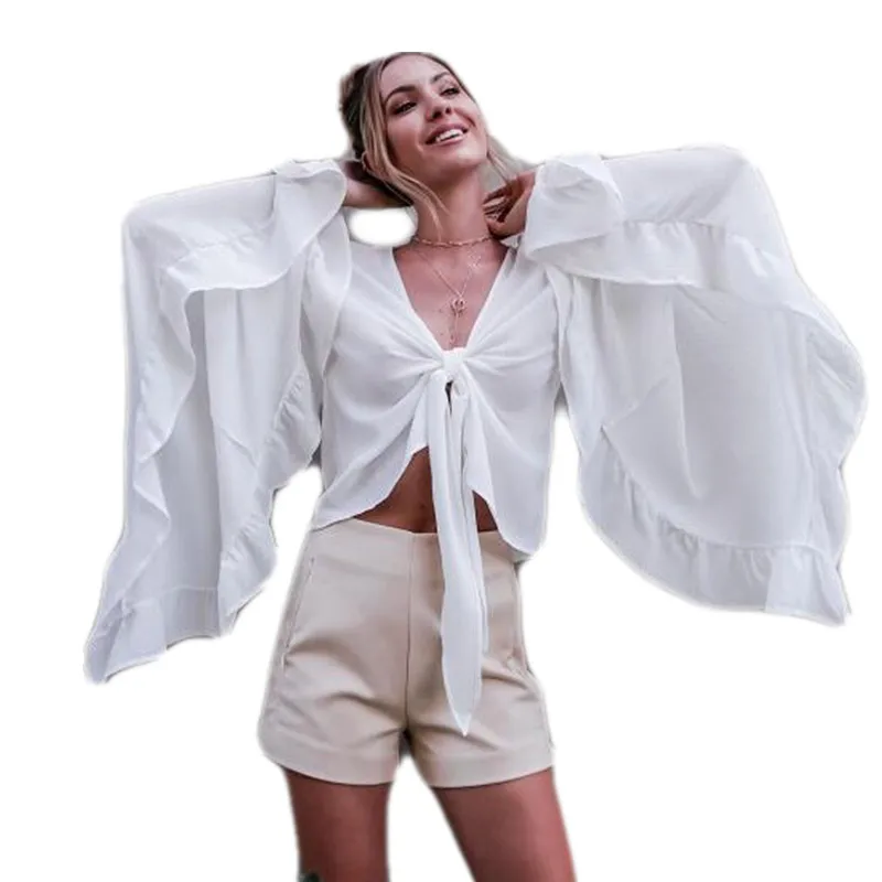

2017 Summer New Dope Muli Color Choice Flare Sleeve Bow Chiffon Blouse Shirt Top Sun Protect Coat Top