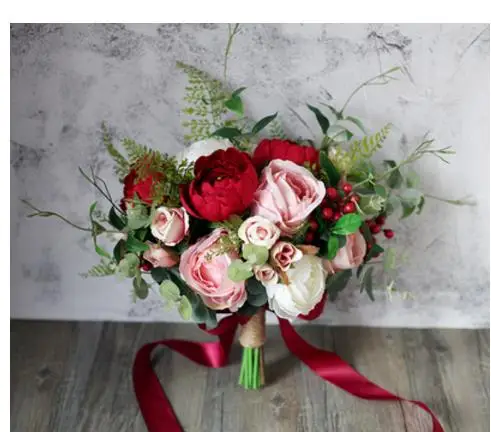 

SexeMara Wedding flowers wine red Royal blue Bridesmaid Bridal Bouquets artificial Rose Wedding Bouquet