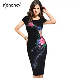 Kenancy 3XL плюс размер цветочный цветок Павлин Печать платье Вечерние женское вечернее элегантное с разрезом сзади o-образным вырезом до