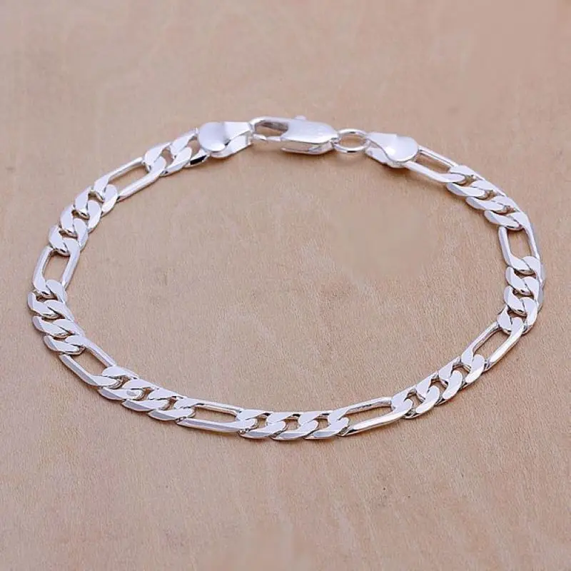 

Silver/18KGP Gold color wholesale fashion Men jewelry 6mm 8mm flat three one link chain male bracelet Figaro chains 925 stamp