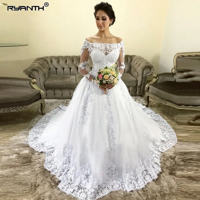 

Vestido De Noiva Long Sleeve Wedding Dresses Off the Shoulder Lace Tulle Bridal Gown Robe De Mariee Wedding Bridal Gowns
