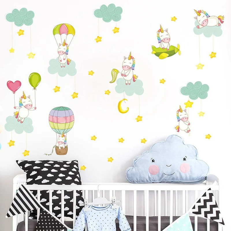 

New Unicorn Clouds Hot Air Balloon Wall Sticker For Kids Rooms Art Background Wall Stickers Home Decor Living Room Mural Decals