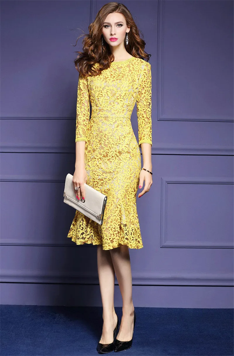 3/4 Sleeve Yellow Lace Elegant Office Business Party Bodycon Dress