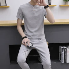 Мужские летние пижамы с коротким рукавом из хлопка и льна, мужские пижамы для сна и отдыха, пижамный комплект, брюки