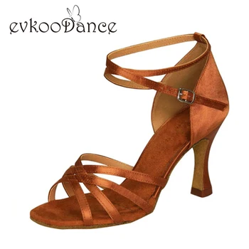 

Free Shipping Dark Tan Satin Leather sole Meduim 5/6/7/8 heel Ballroom Latin Salsa women shoes NL027