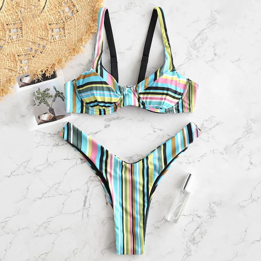 

ZAFUL Rainbow Underwire Bikini Set Push Up High Cut Bikinis Low Waist Striped Padded Swimsuit Brazilian Sexy Thong Bikini 2019