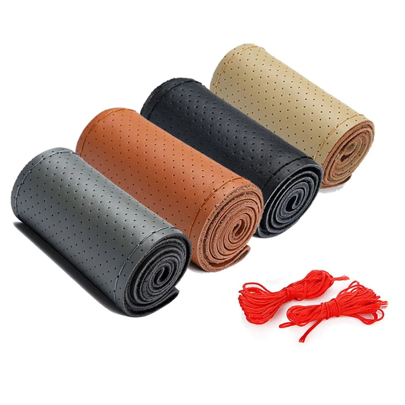 

High Quality Hand-Sewn Leather Car Steering Wheel Cover Genuine Soft Black Anti-Slip Universal 15 Inch Auto Interior Accessories