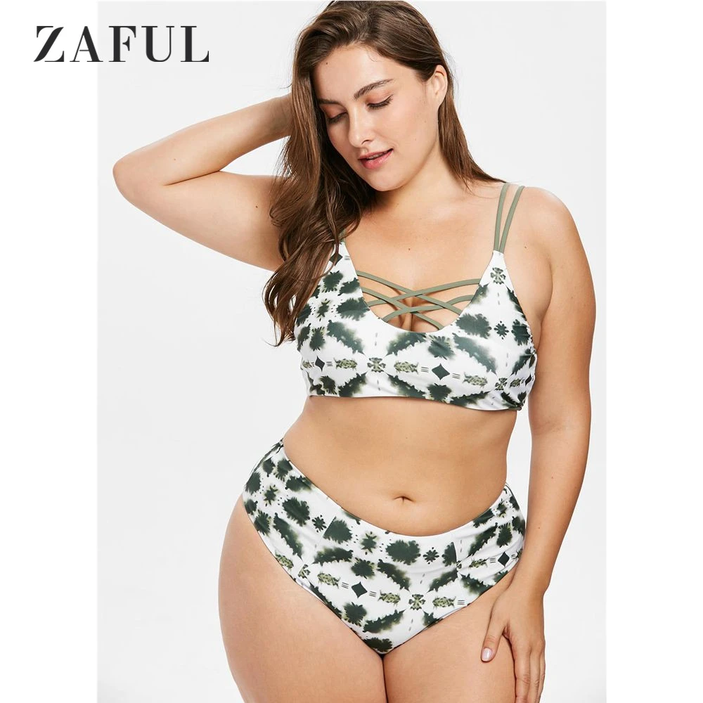 ZAFUL Conjunto de Bikini de talla grande, bañador de tela enrejado para mujer, ropa de baño de talla grande, traje baño acolchado de cintura alta, Bikini|Conjunto de bikini| -