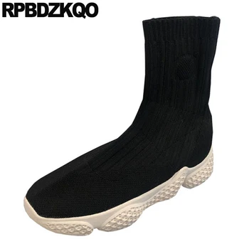 

Women Ankle Boots 2019 Round Toe Sock Platform Slip On Muffin High Quality Sneakers Knit Flatform Shoes Stretch Elastic Black