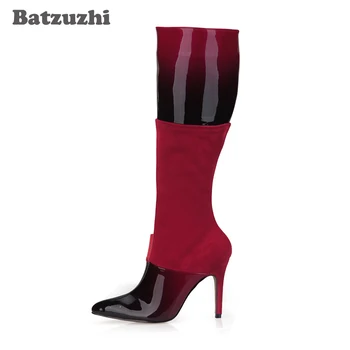 

Batzuzhi-100% Brand New Winter Boots Women Black Red Leather+ Red Suede Sexy Women Knee-high Boots 9.8cm Heels Botte Femme
