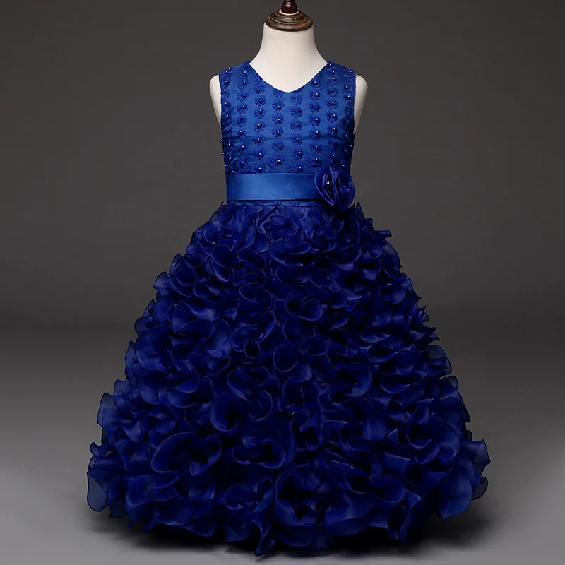 Ruffle Hem Sleeveless Beaded Little Princess Luxury Children Clothing Kids Royal Blue Dresses