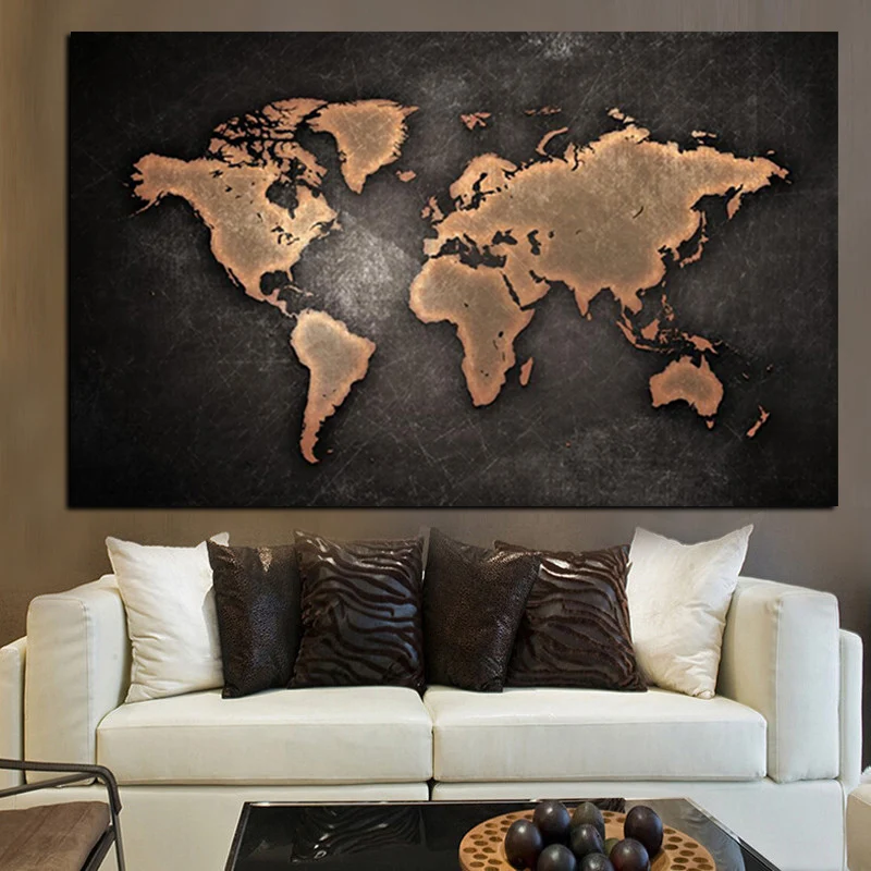 Абстрактная 3D Карта мира, холст, живопись, классическая черная карта мира, печать на холсте для офиса, комнаты, картина, настенное искусство, Куадрос, Декор