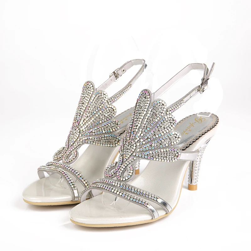 

2019 Fashion Silver Scallop Pattern Open Toe Stiletto Sandals Exquisite Colored Rhinestones Wild Retro High Heels