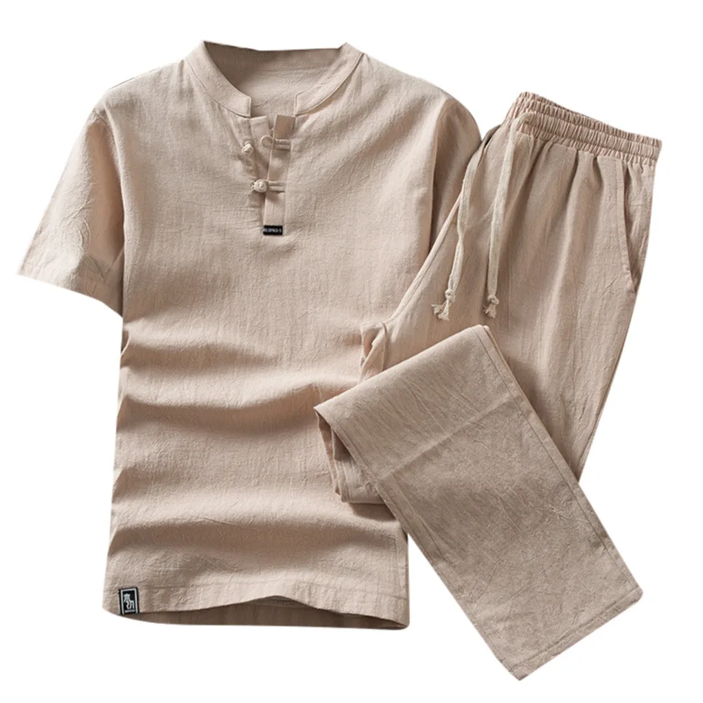 Мужские короткие комплекты, летний спортивный костюм, мужской комплект одежды, хлопковая льняная футболка с коротким рукавом, два предмета, корейский стиль, для отдыха, Apr3 - Цвет: KH