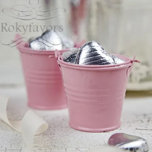 Free Shipping 100pcs Pink Pails Favors Boxes, Mini Tin Bucket Candy