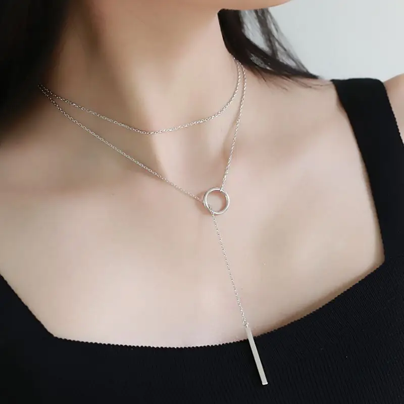 

925 Sterling Silver Jewelry Circle Strip Long Chain Necklace collares kolye bijoux femme Choker Necklace