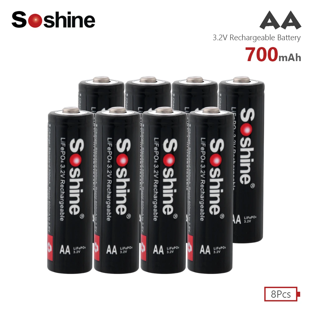 Soshine 700mAh 14500 AA LiFePO4 Li-Po Lithium Battery 3.2V rechargeable Batteria batteries Industrial use For LED Torch Toys - Color: 8 PCS