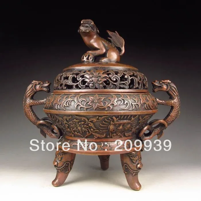 

00790 Exquisite Chinese Bronze Censer & Lid w Pixiu Dragon statue (A0322) A0403
