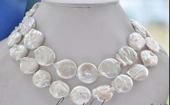 

fast REAL 24mm coin white freshwater pearl necklace 32inch 925silver (z6678) AAA