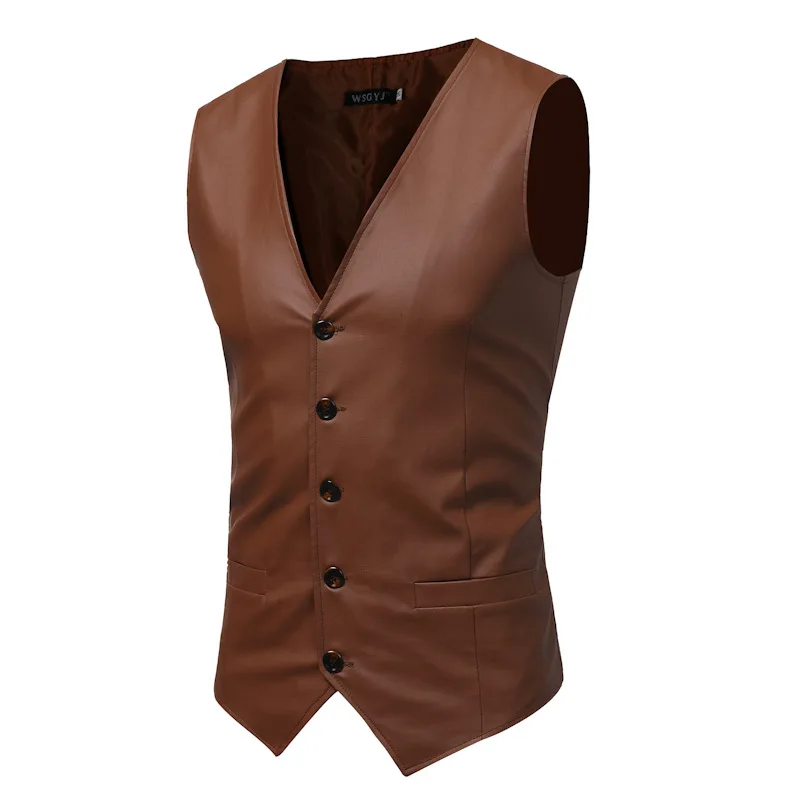 PU Leather Vests For Men Slim Fit leather Mens Suit Vest Male Waistcoat Gilet Homme Casual Sleeveless Formal Business Jacket | Мужская