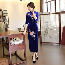 Новое поступление китайский Для женщин новинка платье с цветочным принтом пикантные Длинные Cheongsam Qipao элегантный велюр платья Плюс Размеры