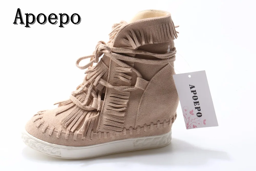 

New brand suede fringed woman shoes round toe lace-up height increasing casual shoes fashion high top shoes