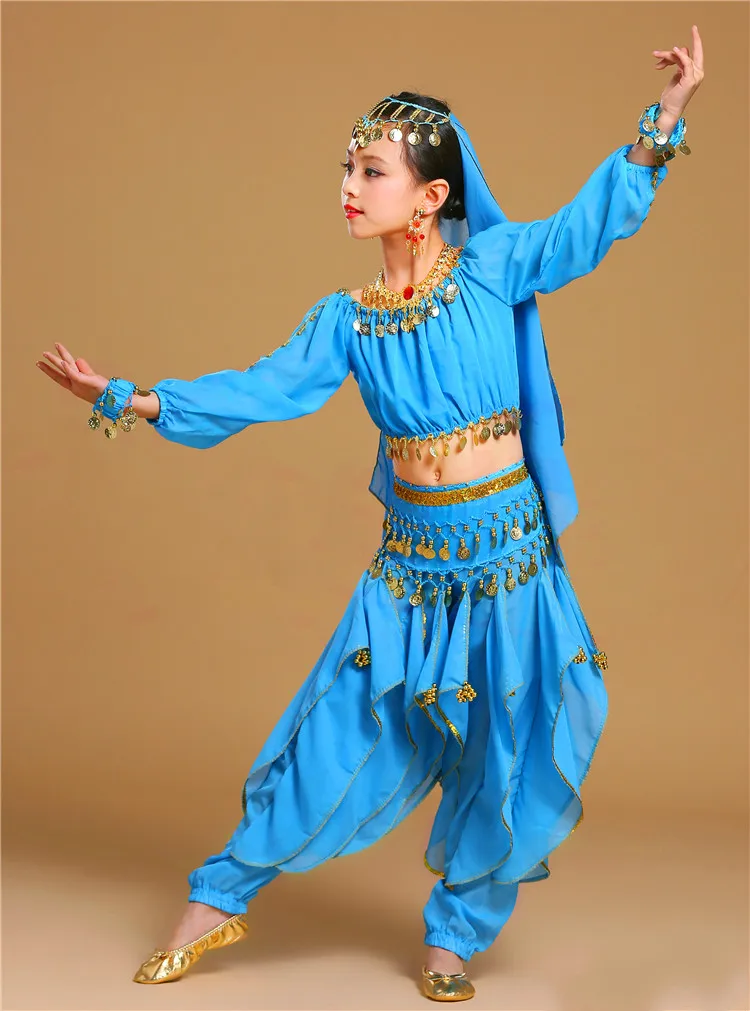 Новая детская одежда для индийских танцев платье для выступлений танец живота Национальный Болливуд танцевальные костюмы для девочек Одежда для танца живота комплект одежды
