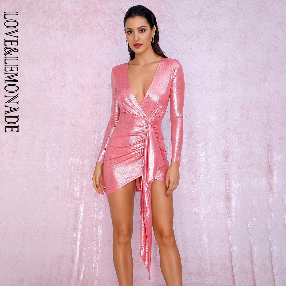 Love& Lemonade розовый глубокий v-образный вырез плиссированная лента украшение сверкающая ткань Bldycon выход светоотражающее платье LM81639