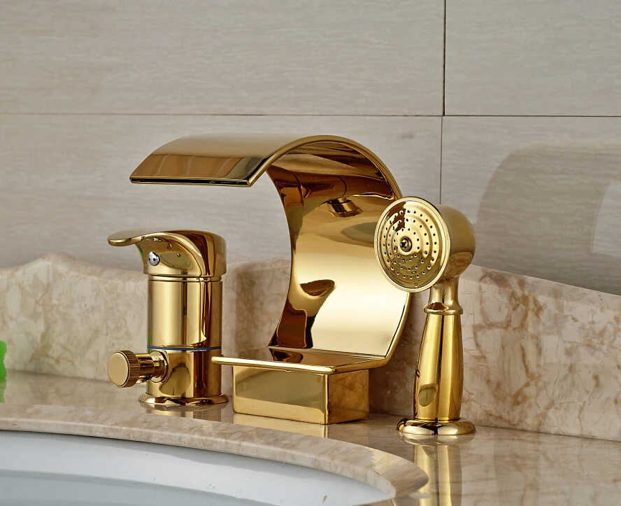 Здесь продается  Luxury Heighten Bathroom Waterfall Basin Mixer Tap Golden Finish Deck Mounted With Hand Shower  Строительство и Недвижимость