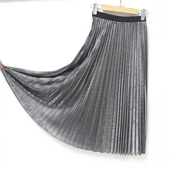 

Metal fluffy pleated skirts long section of bright color elastic knitting gold autumn and winter high waist skirt