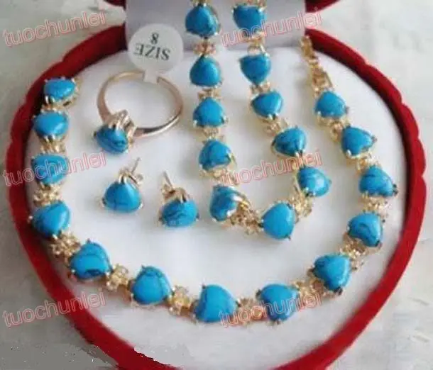 

ddh0799 Fashion 18K Gold Plated Turquoise Heart Necklace Bracelet Earring Ring Set