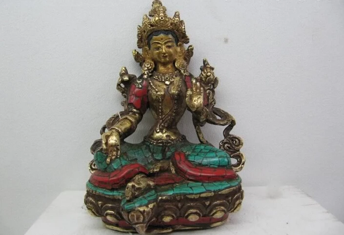 

150624 S1965 6 Tibet Pure Bronze inlay beryl turquoise coral Green TaRa GuanYin Buddha Statue