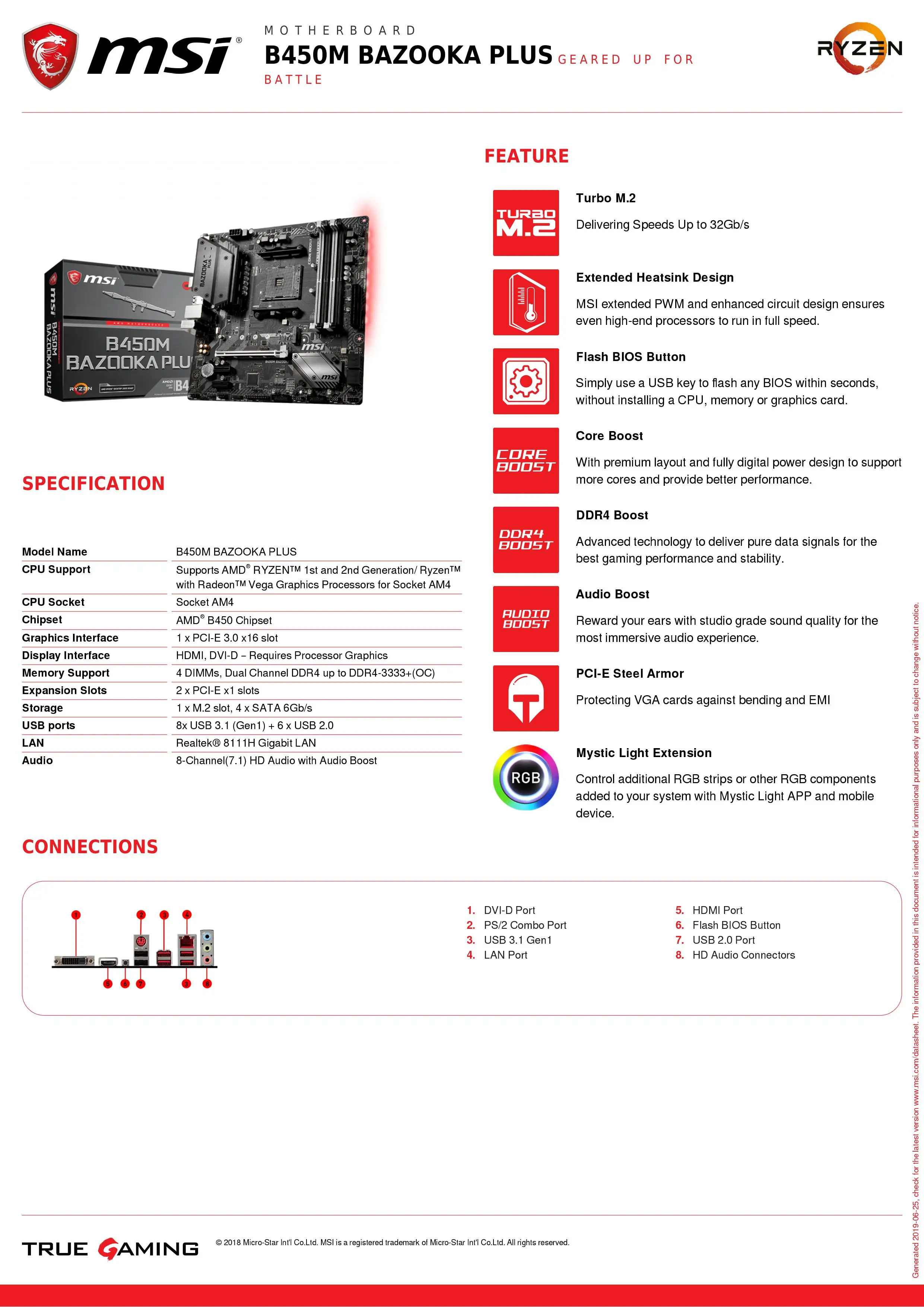 MSI B450M BAZOOKA Plus материнская плата AMD разъем AM4 PCIe 3,0x16 DDR4 HDMI DVI-D SATA M.2 разъем 8xUSB3. 1 Gen1 M-ATX материнская плата