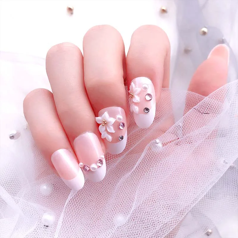 

Shining Rhinestone Glitter False Nails Fashion Clear 3D Flower Fake Nails Acrylic Full Cover False Manicure Design With Glue