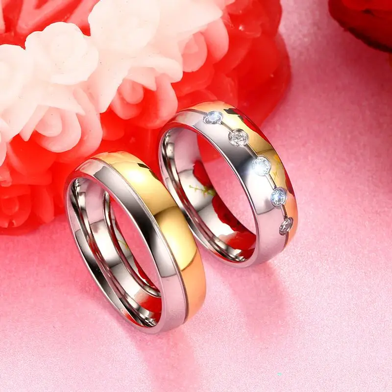 Meaeguet Romantic Cubic Zirconia Lover Wedding Ring Stainless Steel Couple Rings For Promise Finger Jewelry Wedding Bands