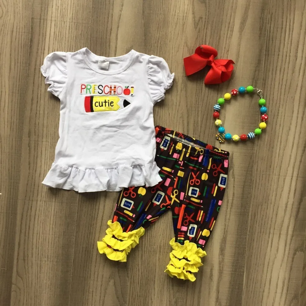 

new cotton baby girls boutique pencil Stationery preschool cutie ruffles capris back to school outfits with matching accessories