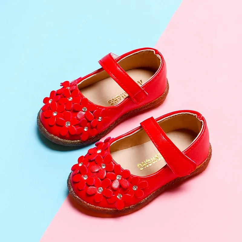 2018 New Style Girls Shoes Baby Toddlers Princess Shoes Flowes Single Shoe Bling Flats Children Mary Janes White Red Pink MCH062