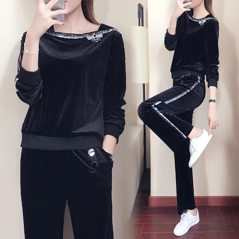 

YICIYA Black tracksuits for women Velvet 2 piece set outfit co-ord set plus size large 5xl 2019 spring winter top pants clothing
