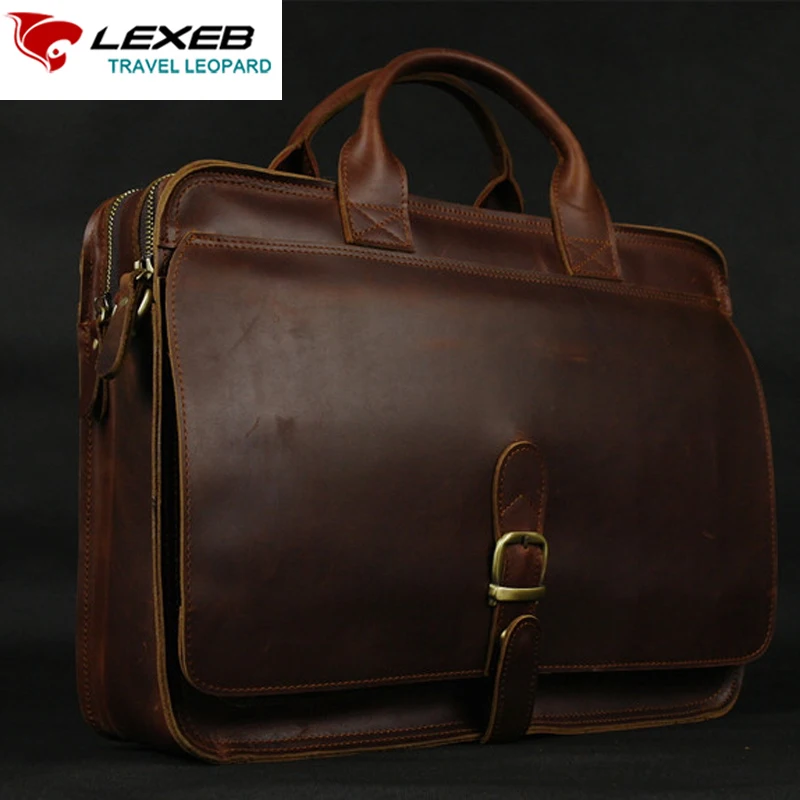 LEXEB Cow Leather Brown Briefcase Men&#39;s Laptop Bag 15 Inches Office Bags For Men Vintage Classic ...