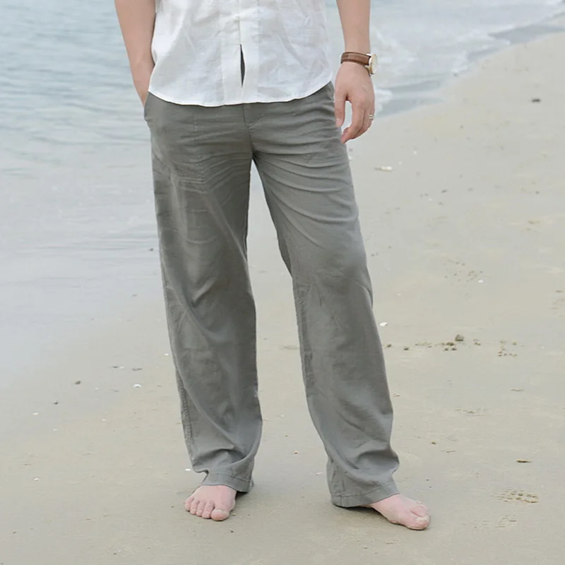 

Shujin Mens Nature Cotton Linen Trousers Summer Pants 3XL Casual Male Solid Elastic Waist Straight Loose Pants Plus Size