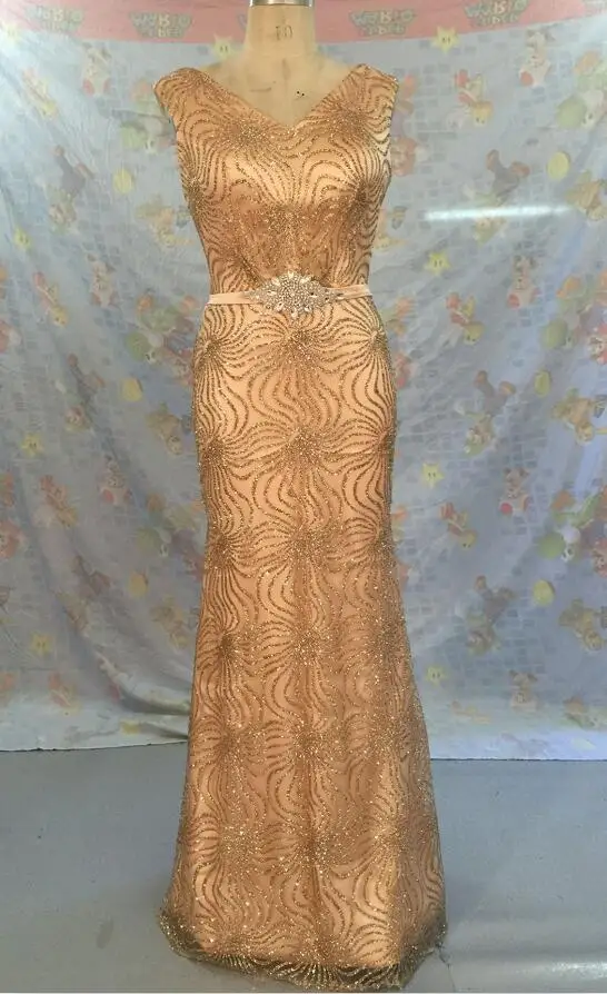 

Plus Size Long Evening dresses 2017 Gold Mermaid Wedding Party Gown V-Neck Maid of Honor Long Prom Gown With Belt
