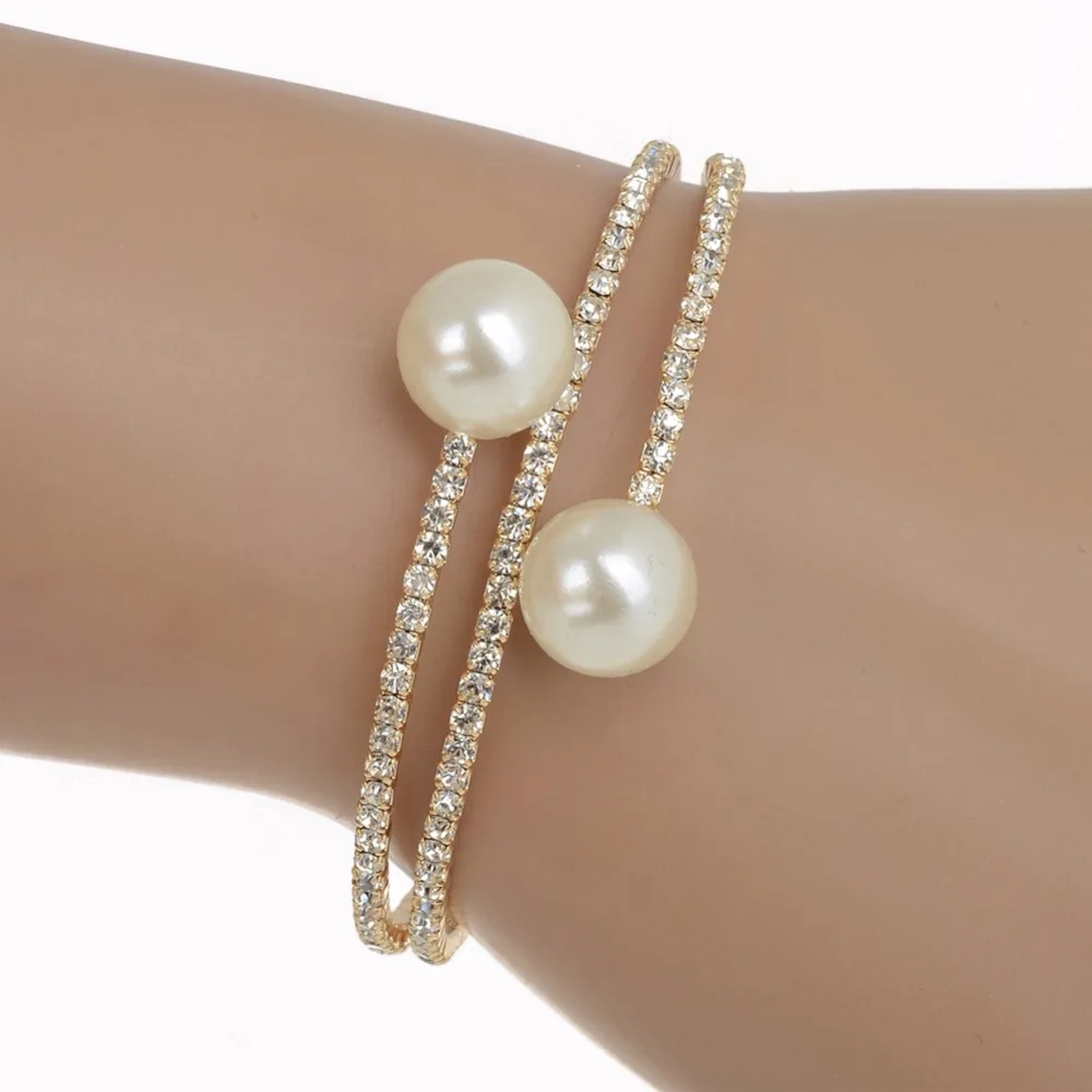 

Silver Gold Spiral Wedding Bridal Women Lady Girls Double Pearl Beads And Double layer Bangle Bracelets With Rhinestone Crtstal