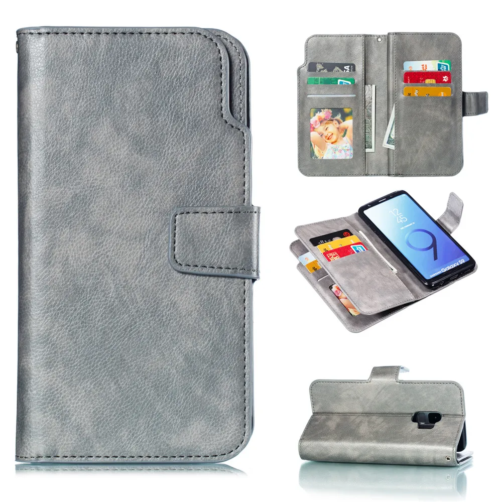 Чехол-книжка с 9 отделениями для карт для Samsung Galaxy S7 Edge S8 S9 Plus A3 A5 A6 A8 Plus кожаный чехол-книжка - Цвет: Grey