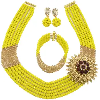

New Arrived Opaque Yellow Gold AB Crystal Beaded African Necklace Nigerian Beads Jewelry Set Wedding Party Jewelry Sets 6C-SS012