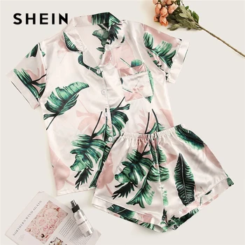 SHEIN Tropical Print Satin Pajama Set Casual Sleep Wear Shorts Sets Short Sleeve Pocket Women Summer Pajama Set bow print wrap pajama set