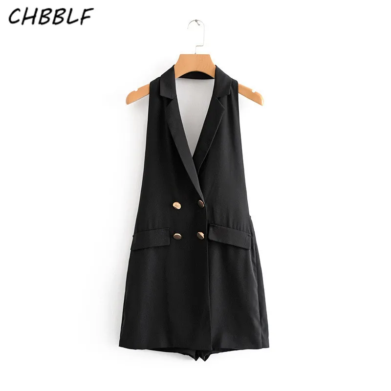 

CHBBLF women sexy playsuits sleeveless backless double breasted rompers female black playsuit XDN9353