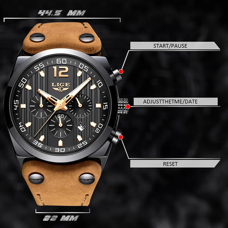 LIGE Mens Watches Top Brand Luxury Military Sport Watch Men Leather Waterproof Quartz Wrist Watch Male clock Relogio Masculino