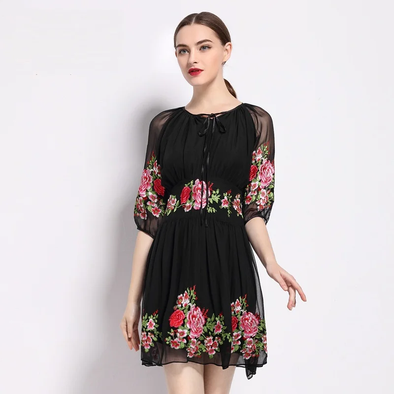 

Women retro dress short 2018 NEW High quality Spring summer embroidery Clothing flowers Party Dress S XXL O-Neck Vintage dresses