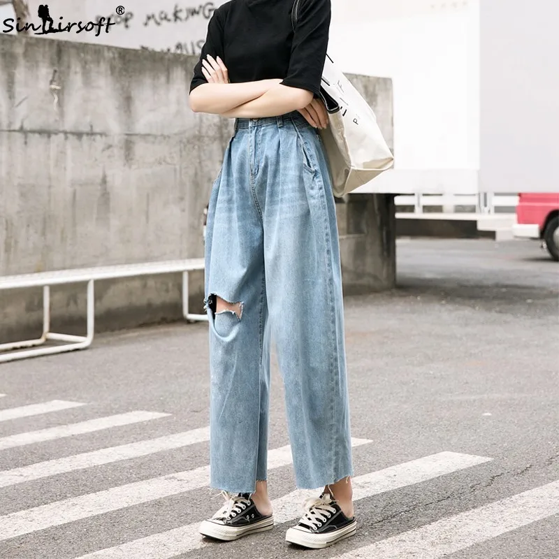 High Waist Jeans Wide Leg Pants Women Hole Ripped Casual Loose Denim Pants Femme Fashion Cool Blue Trousers Summer New